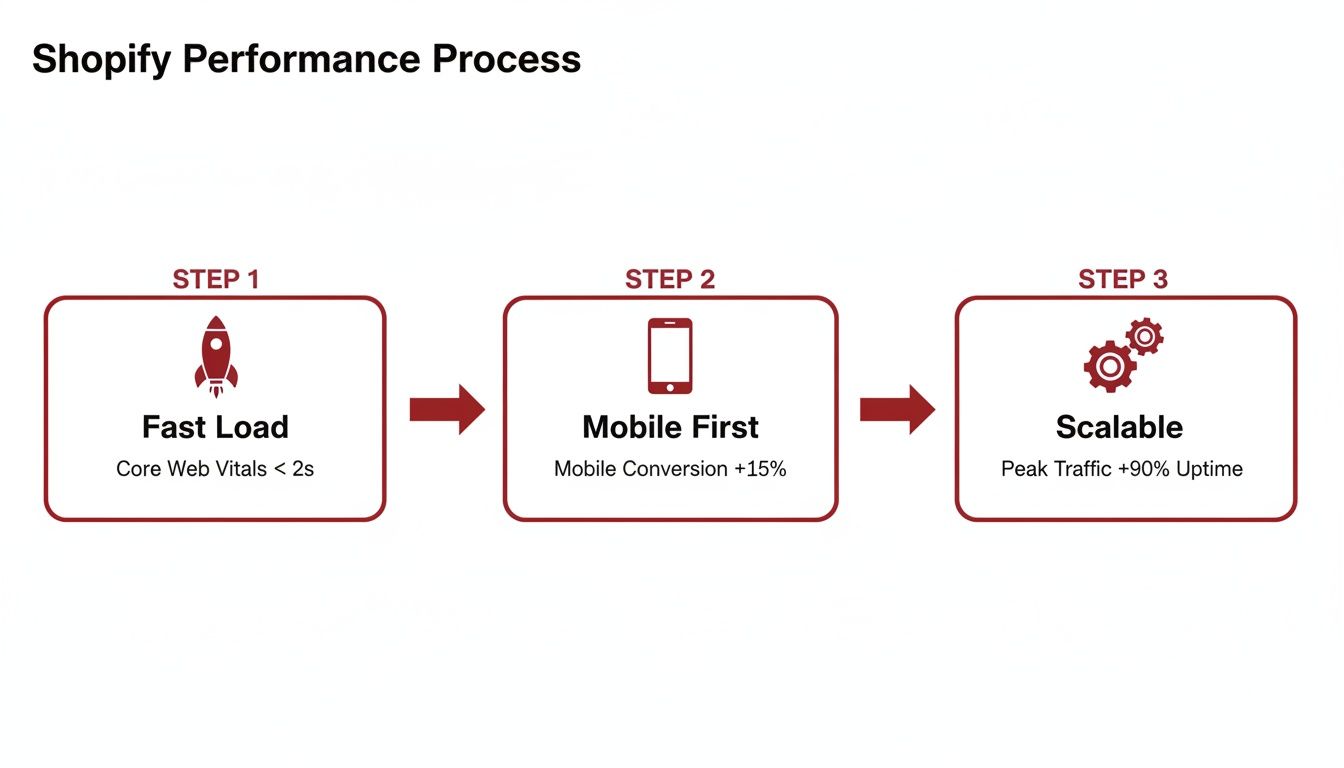 Infographic showing Shopify performance optimization steps: Fast Load, Mobile First, and Scalable.