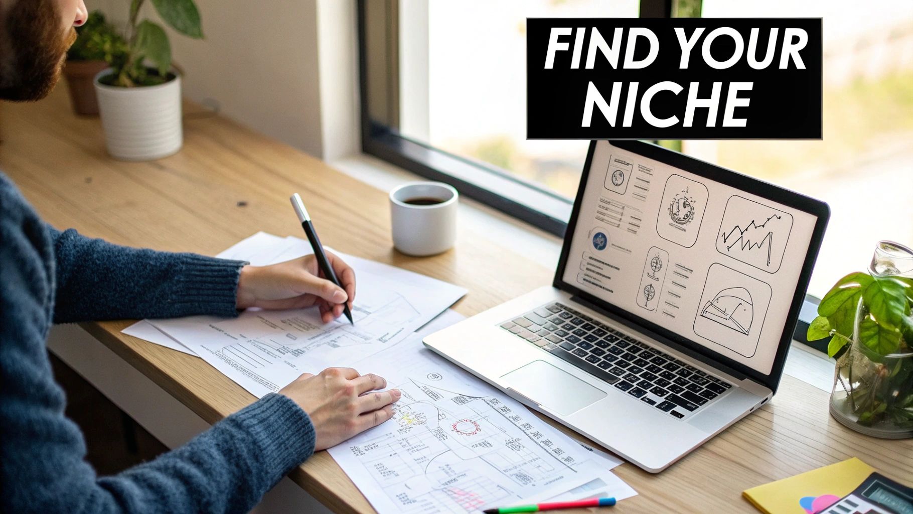 Person working at a desk with a laptop showing business charts and 'FIND YOUR NICHE' text.