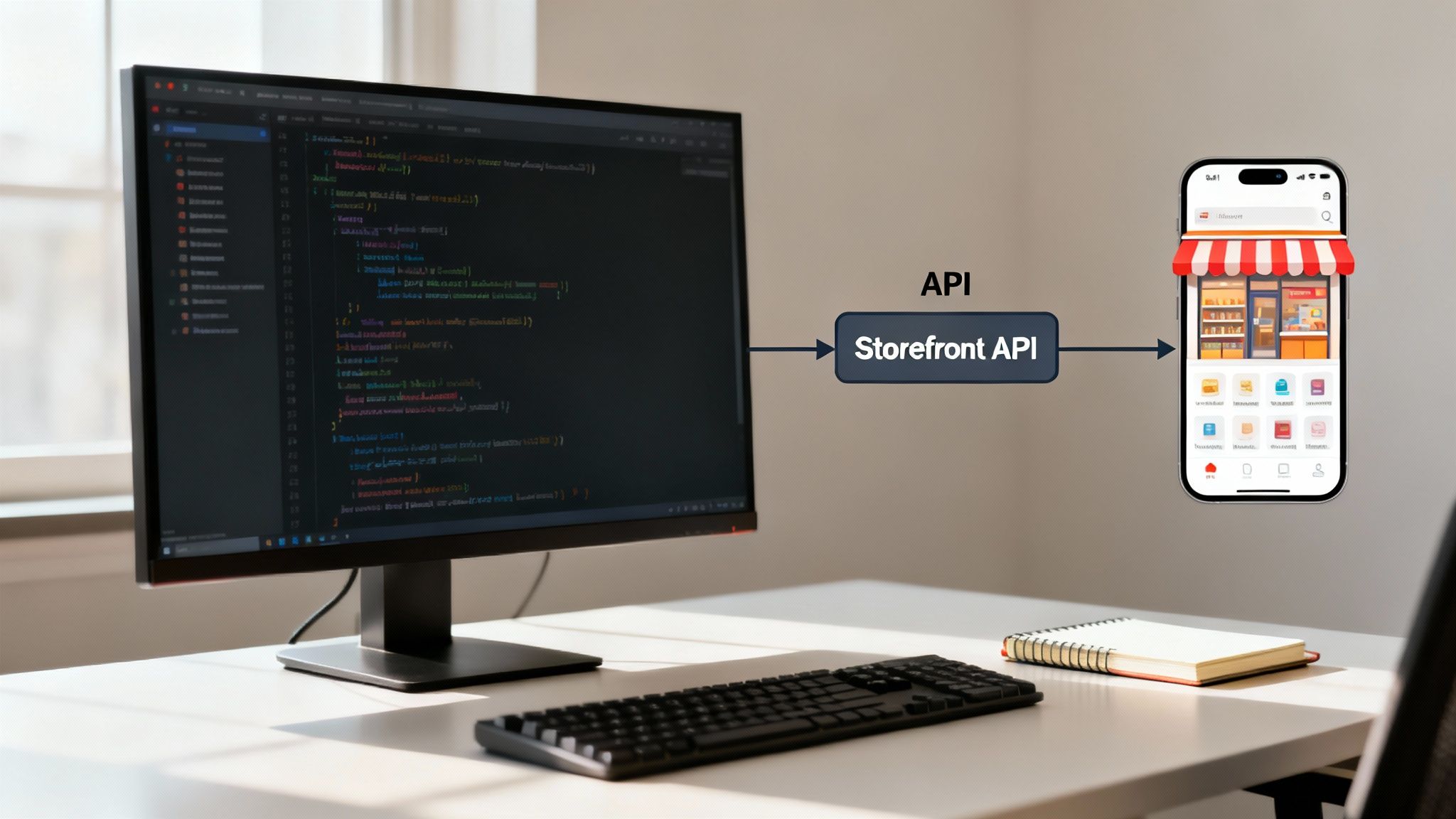 Developer setup showing code on a monitor connected via Storefront API to a mobile shopping app.