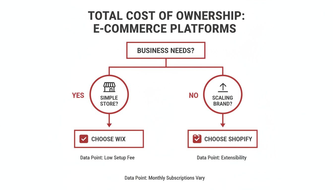 Flowchart detailing the choice between Wix and Shopify e-commerce platforms based on business needs.